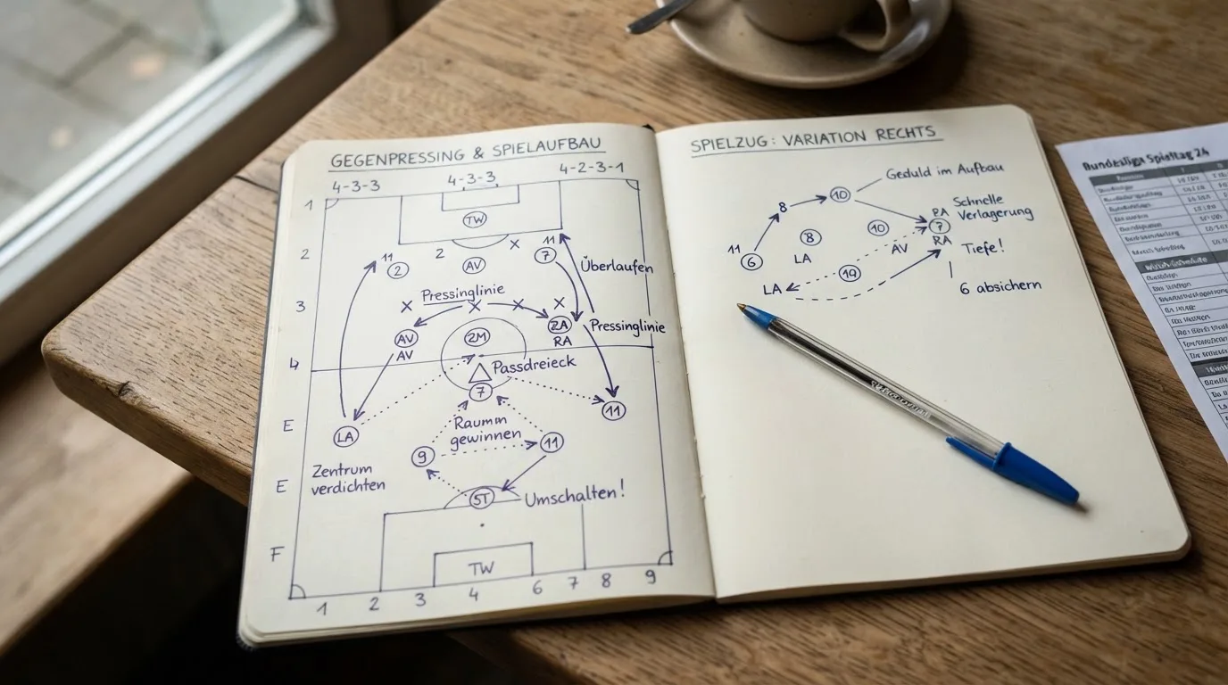 Ein aufgeschlagenes Notizbuch mit handschriftlichen Skizzen von Spielzügen liegt neben einem Kugelschreiber auf einem Holztisch.