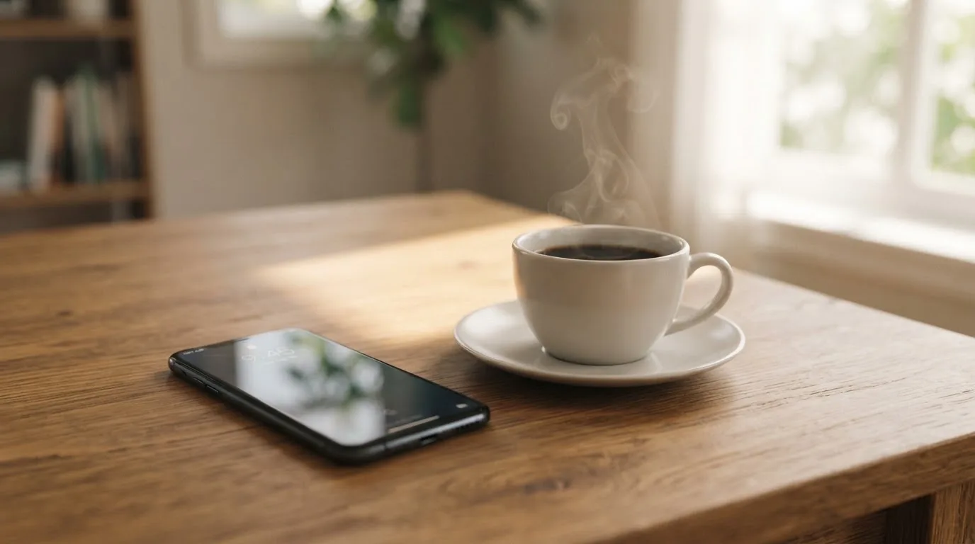 Ein Smartphone mit dunklem Display liegt neben einer Kaffeetasse auf einem Holztisch im Licht eines Fensters.