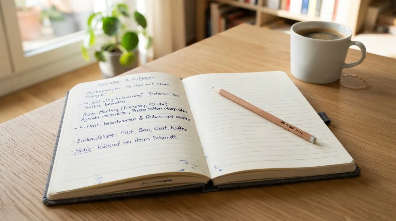 Ein aufgeschlagenes Notizbuch mit handgeschriebenen Stichpunkten und ein Bleistift liegen neben einer Kaffeetasse auf einem hellen Holztisch.