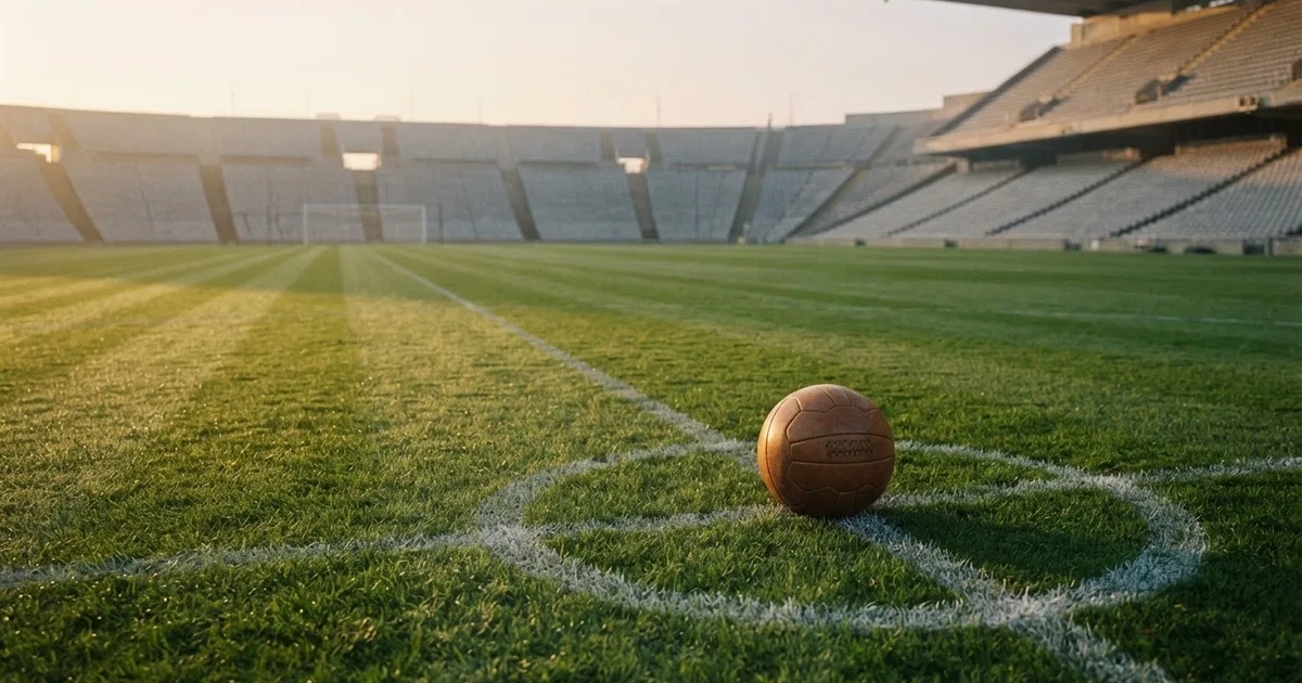 Ein Fußball liegt auf dem Mittelkreis eines Stadionrasens am frühen Morgen, im Hintergrund leere Ränge ohne erkennbare Beschriftung.