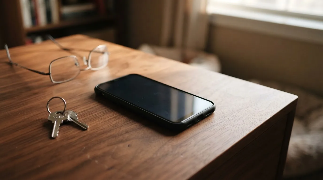 Ein Smartphone liegt mit dunklem Display auf einem Holztisch neben einem Schlüsselbund und einer Brille im Licht eines Fensters.