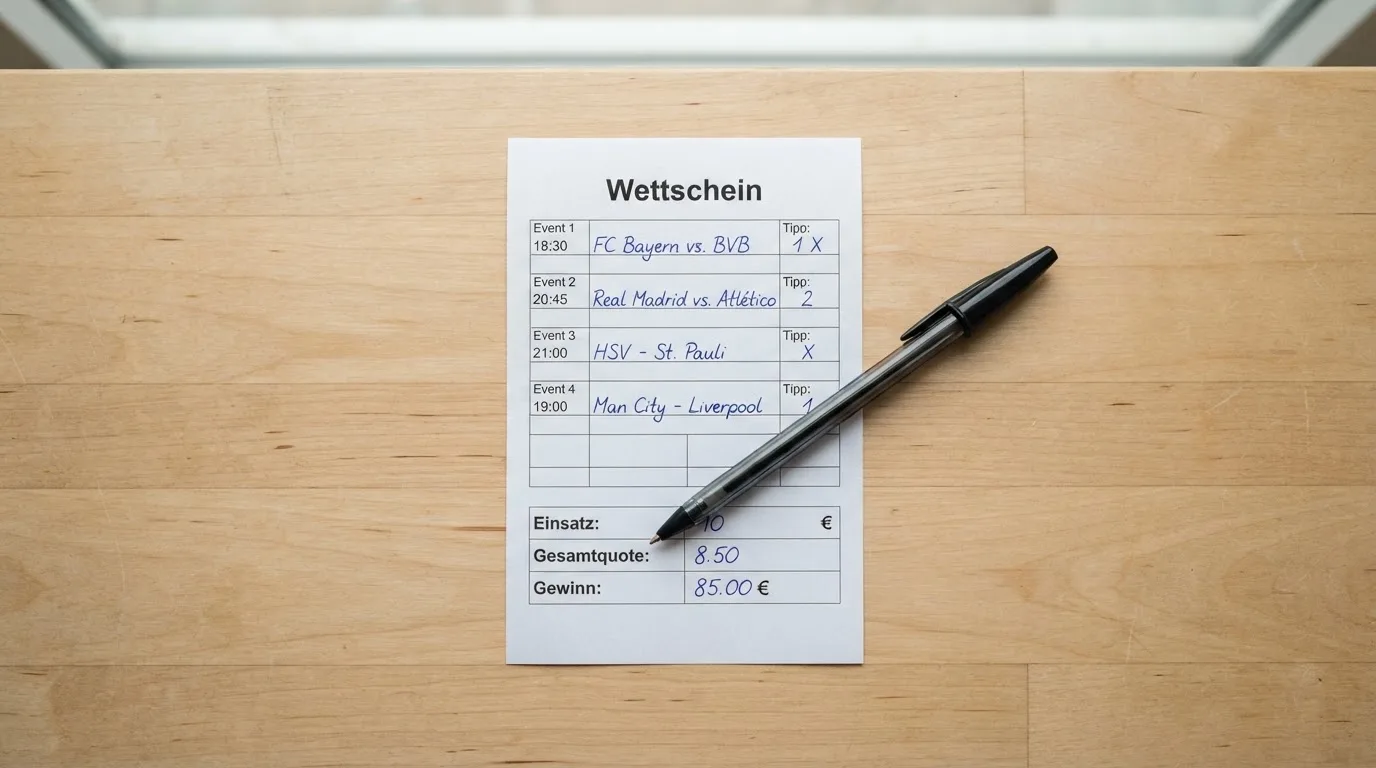 Ein leerer Papier-Wettschein und ein Kugelschreiber liegen auf einer Theke aus hellem Holz im Tageslicht.