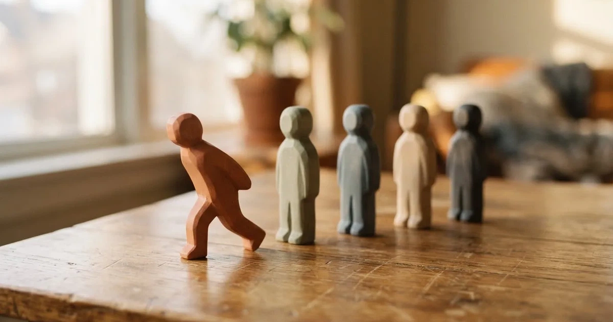 Fünf Holzfiguren stehen in einer Reihe auf einem Tisch, die erste Figur ist leicht nach vorn gerückt.