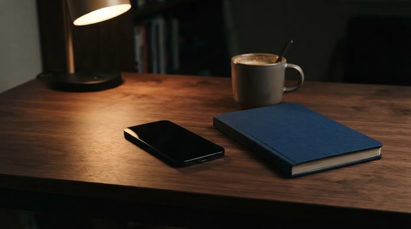 Ein Smartphone liegt mit dunklem Display auf einem Schreibtisch neben einem Notizbuch und einer Kaffeetasse.