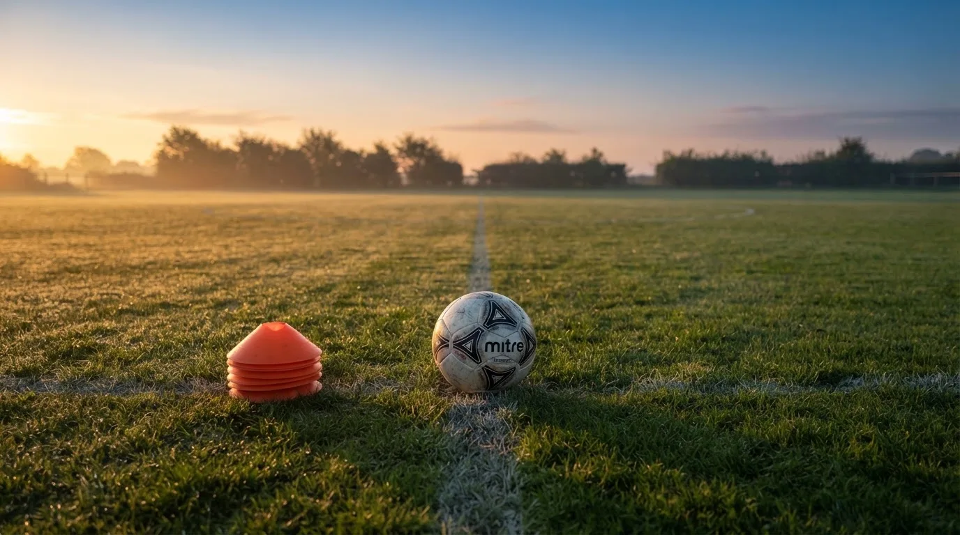 Ein Fußball liegt auf einem Rasenplatz bei Sonnenaufgang, daneben ein kleiner Stapel Trainingshütchen.