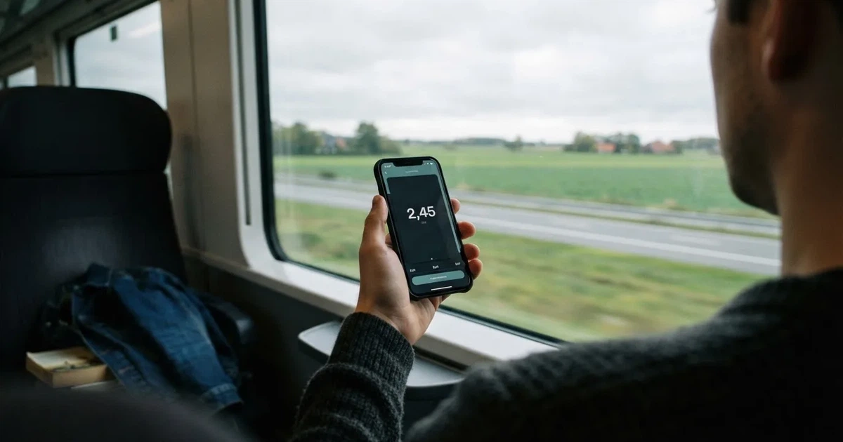 Eine Hand hält ein Smartphone mit dunklem Display in einem Zug, am Fenster ziehen verschwommen Felder vorbei.