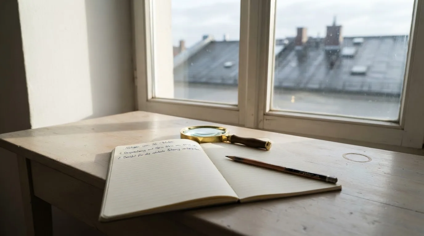 Ein schmaler Schreibtisch am Fenster mit einem Notizbuch, einer Lupe und einem Bleistift im Morgenlicht.