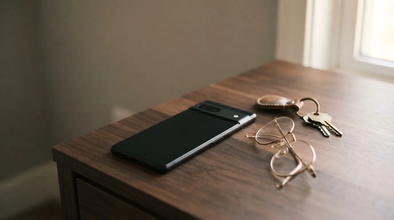 Ein Smartphone liegt mit dunklem Display auf einem Schreibtisch neben einem Schlüsselbund und einer Brille.