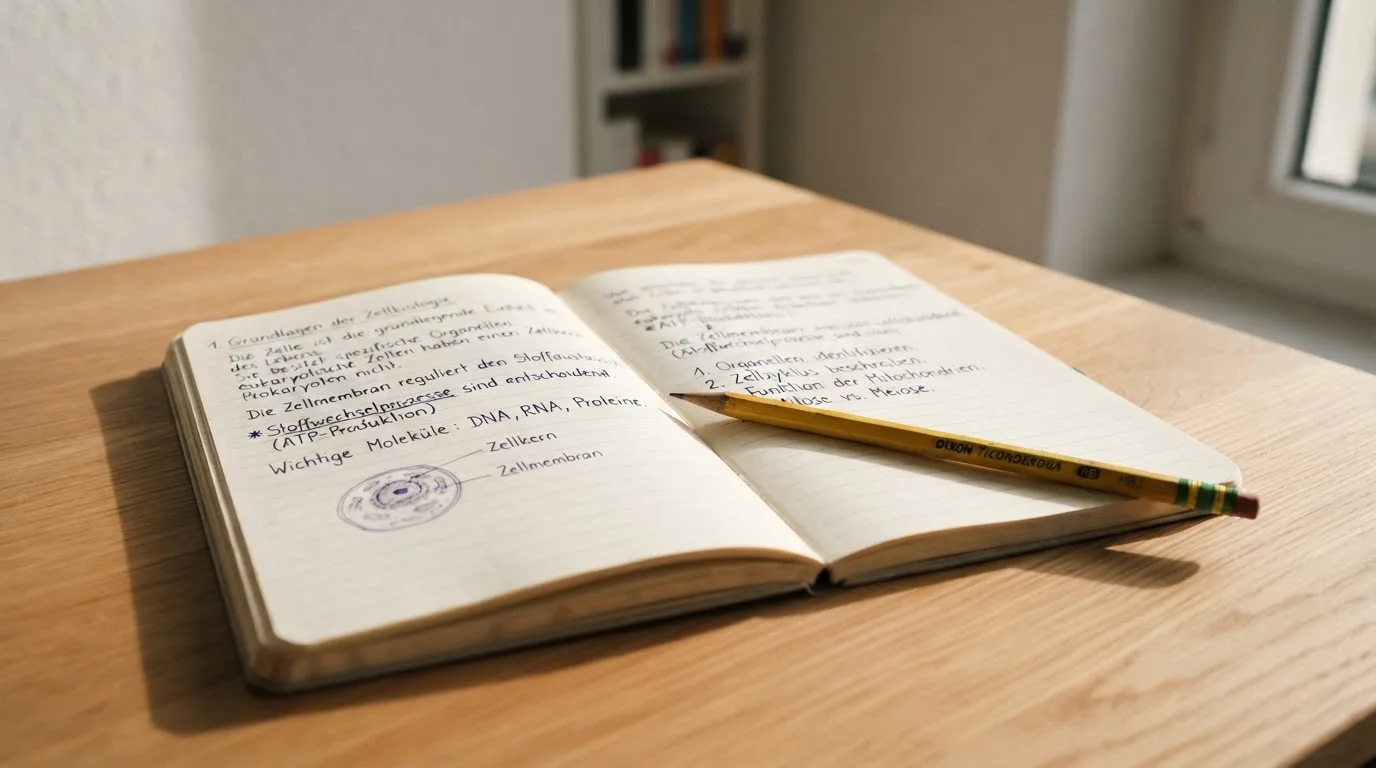 Ein Notizbuch mit handgeschriebenen Stichpunkten und ein Bleistift liegen auf einem Holztisch im Morgenlicht.