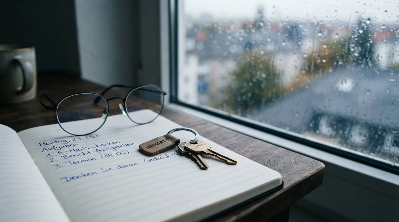 Ein Schlüsselbund und eine Brille liegen auf einem leeren Block neben einem Fenster mit Regentropfen.