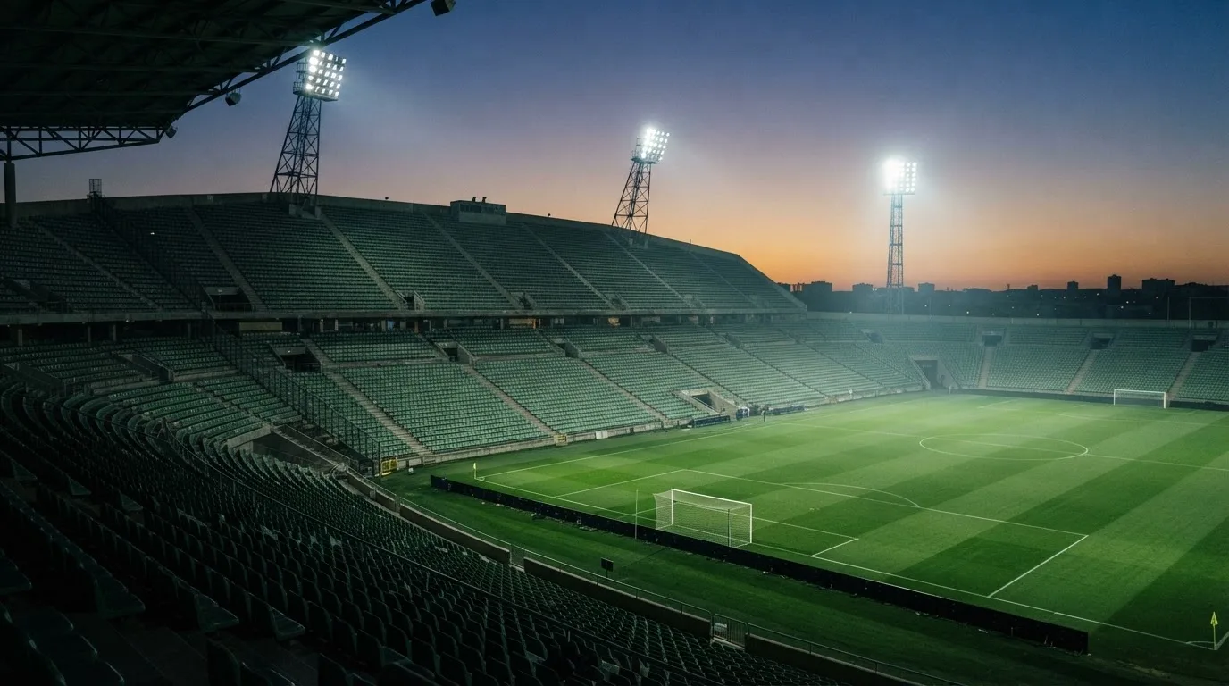 Eine leere Stadiontribüne unter Flutlicht aus der Ferne betrachtet, die Rasenfläche leuchtet grün in der Dämmerung.