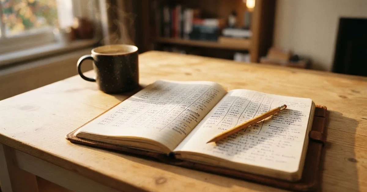 Handschriftliche Zahlenkolonnen in einem Notizbuch, daneben ein Bleistift und eine Tasse Kaffee auf hellem Holz.