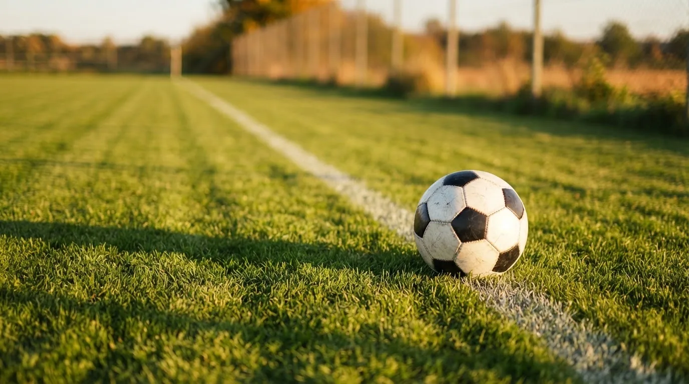 Ein Fußball liegt am Rand eines Rasens neben einer weißen Linie, im Hintergrund ein Zaun in der Abendsonne.