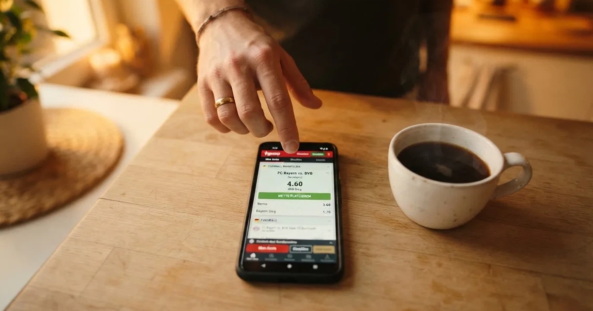 Ein Daumen schwebt über einem Smartphone mit dunklem Display, das auf einem Küchentisch neben einer Tasse liegt.
