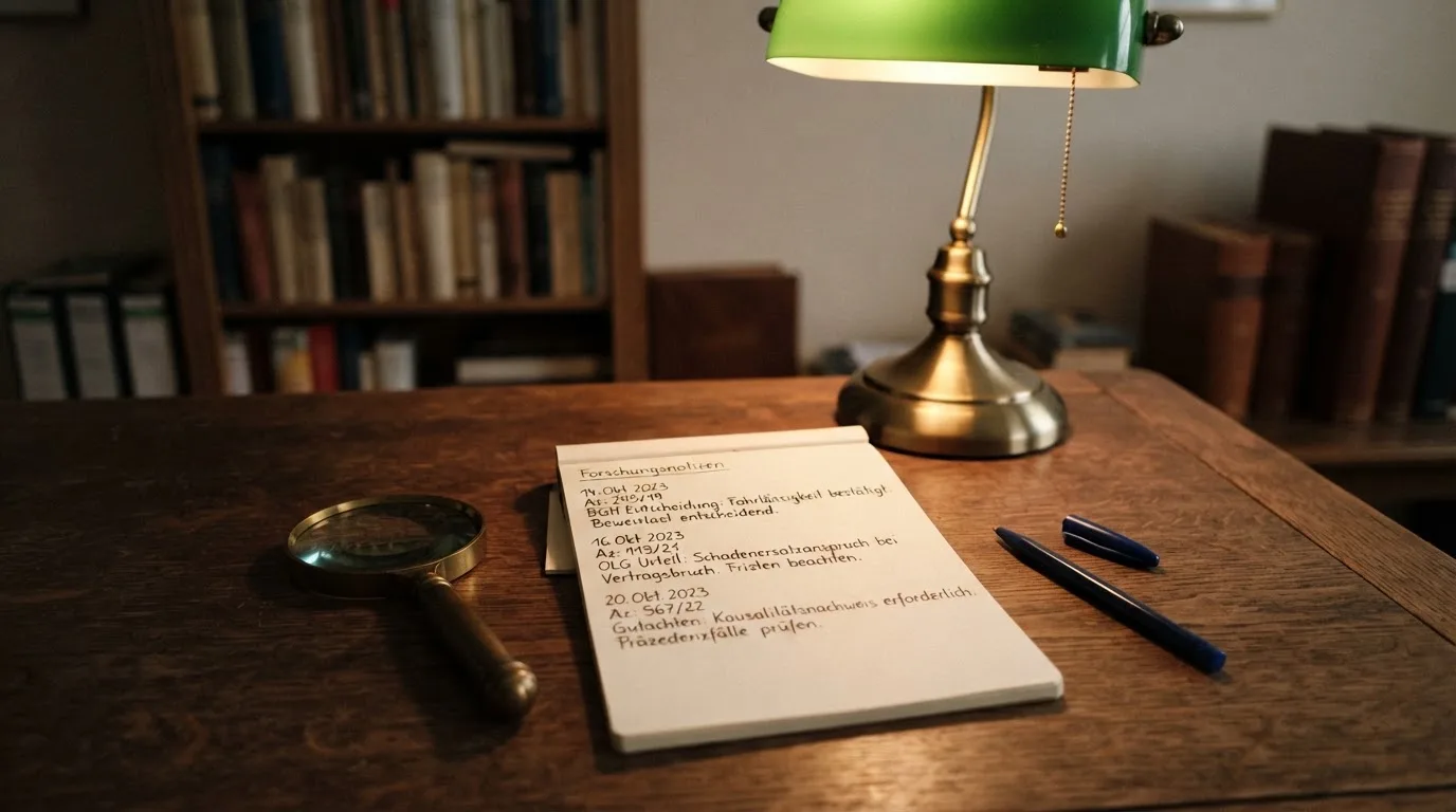 Ein Schreibtisch mit Lupe, Kugelschreiber und einem leeren Notizblock unter einer Lampe in einem ruhigen Raum.
