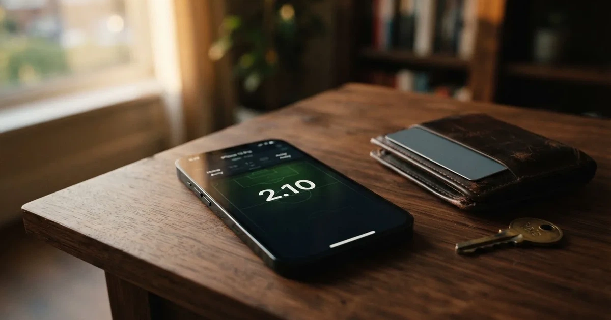 Ein Smartphone mit dunklem Display liegt neben einer Geldbörse und einem Schlüssel auf einem Tisch.