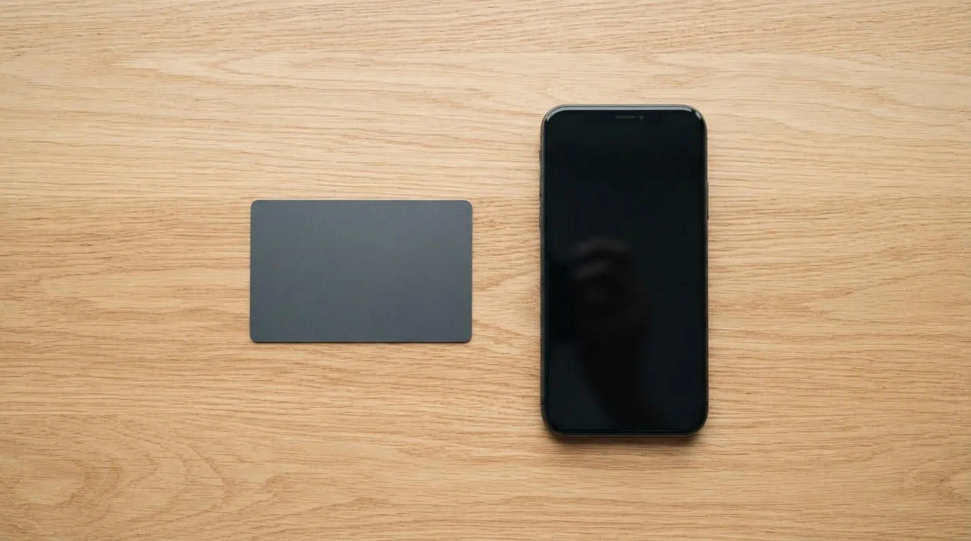 Eine Bankkarte ohne Aufdruck liegt neben einem Smartphone mit dunklem Display auf einem Holztisch.