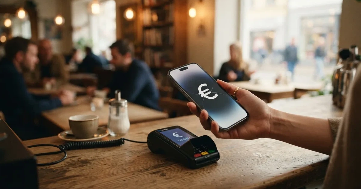 Eine Hand hält ein Smartphone dicht an ein Kartenlesegerät ohne erkennbare Beschriftung in einem Café.