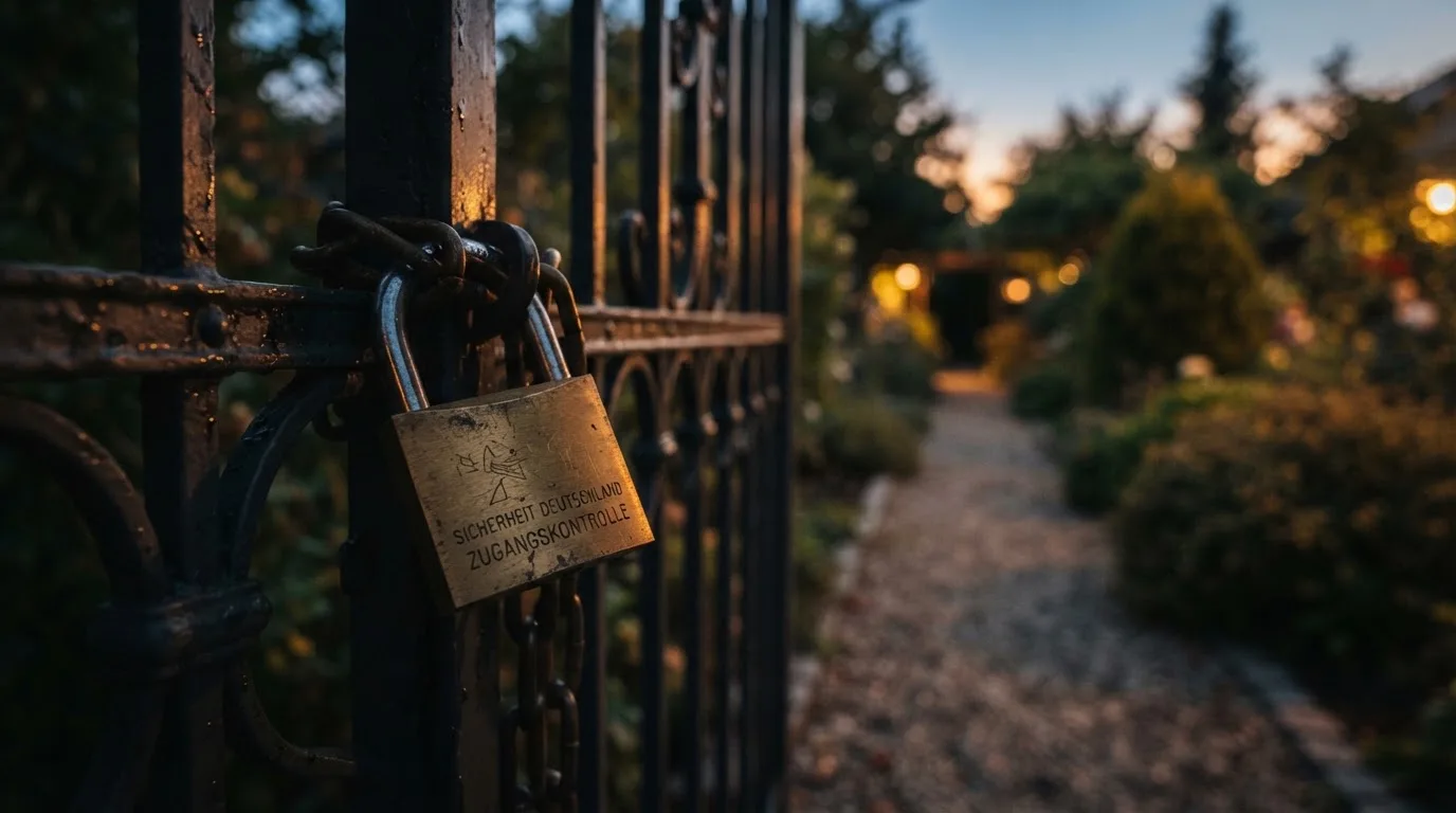 Ein Vorhängeschloss hängt an einem Gartentor im Abendlicht, dahinter ein unscharfer Weg.