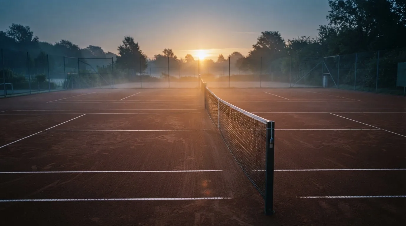 Ein Tennisplatz aus Sand bei Sonnenaufgang, das Netz im Gegenlicht, kein Mensch zu sehen.