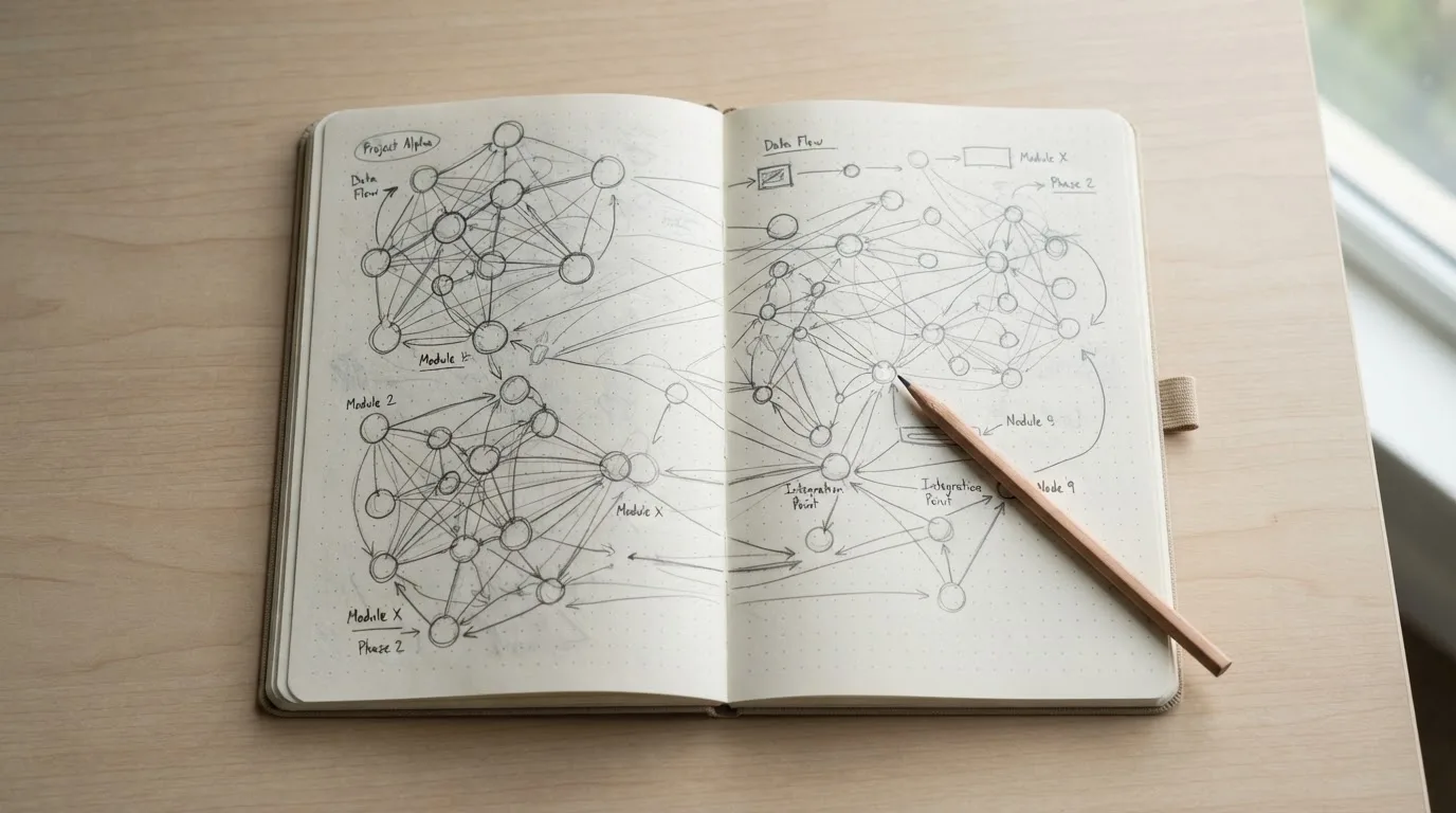 Ein Notizbuch mit handgezeichneten Knoten und Linien liegt neben einem Bleistift auf einem Schreibtisch.