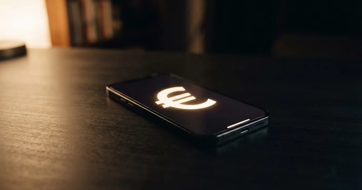 Eine einzelne goldfarbene Münze ohne Prägung liegt auf einem dunklen Tisch, daneben ein ausgeschaltetes Smartphone.