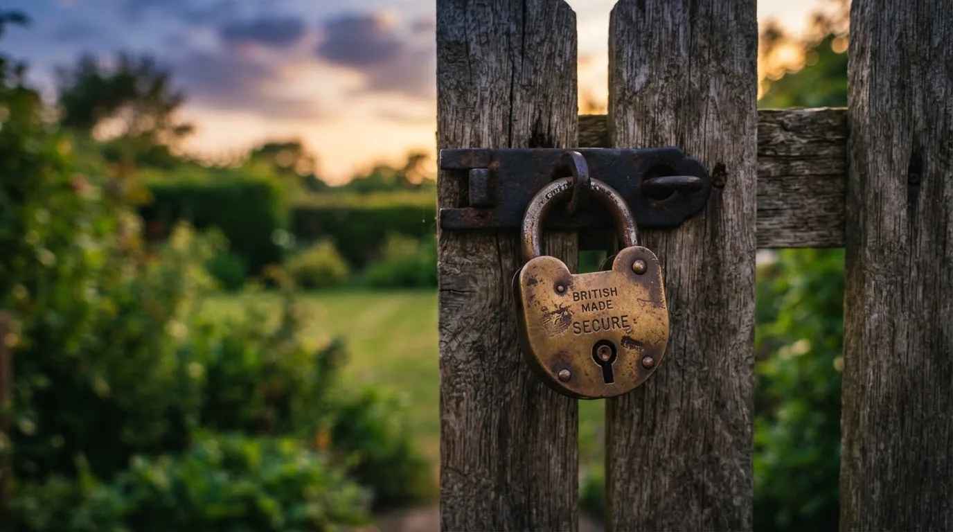 Ein Vorhängeschloss hängt an einem Holztor, dahinter unscharf ein Garten im Abendlicht.