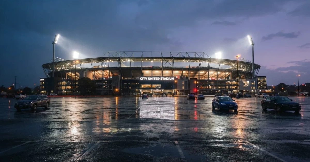 Ein Stadion unter Flutlicht aus großer Entfernung gesehen, davor ein regennasser Parkplatz in der Dämmerung.