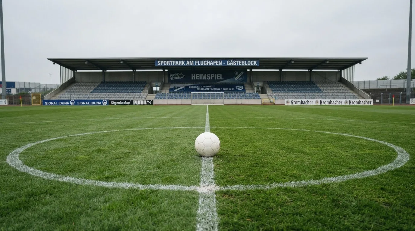 Ein Fußball liegt auf dem Anstoßpunkt eines leeren Rasenplatzes, im Hintergrund eine ruhige Tribüne unter bedecktem Himmel.