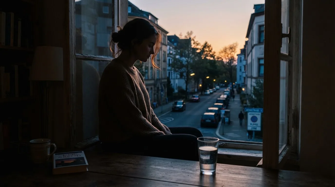 Die Silhouette einer Person sitzt am Abend am Fenster und blickt auf eine Straße, auf dem Fensterbrett steht ein Glas Wasser.
