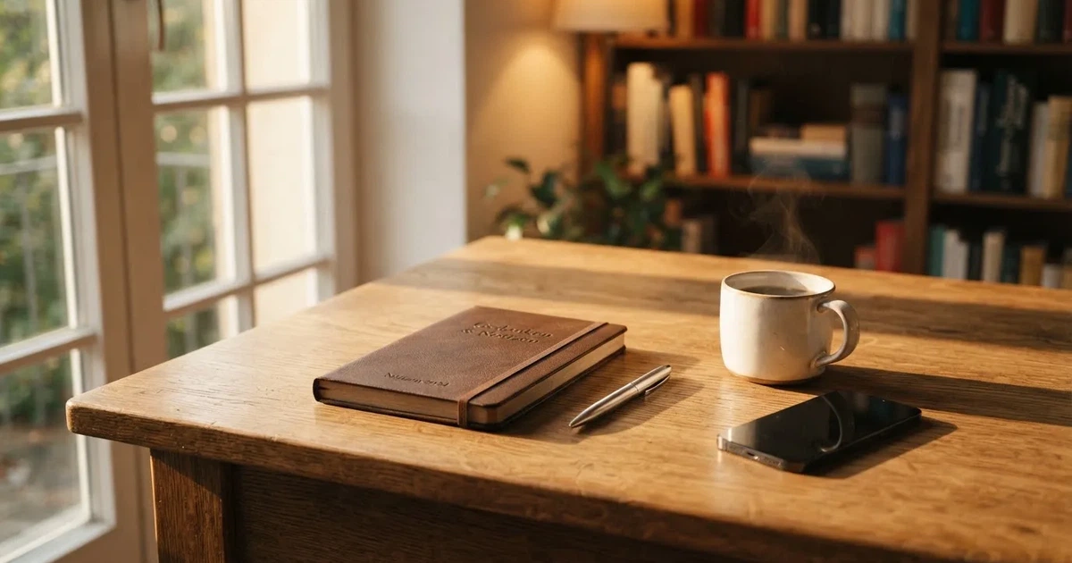 Ein Holzschreibtisch im Morgenlicht mit geschlossenem Notizbuch, Kugelschreiber und Kaffeetasse, daneben ein Smartphone mit dunklem Bildschirm.