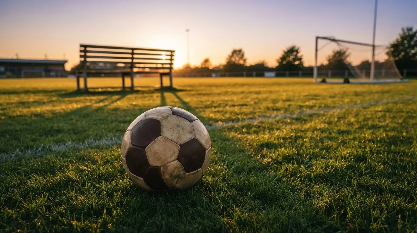 Ein Fußball auf einem Rasenplatz im Gegenlicht der tiefstehenden Sonne, am Spielfeldrand eine leere Ersatzbank.