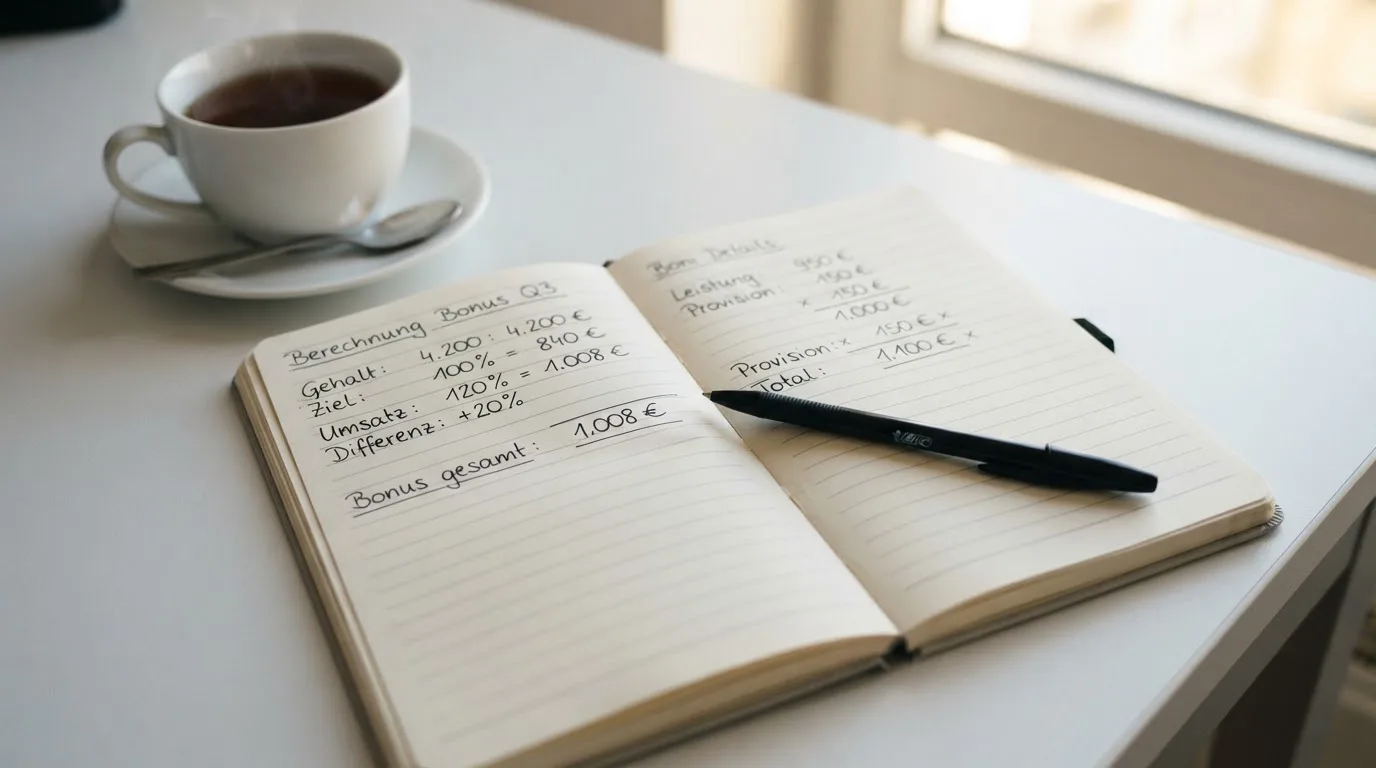 Ein Notizbuch mit handgeschriebenen Rechnungen und ein Taschenrechner auf einem hellen Schreibtisch neben einer Tasse Tee.