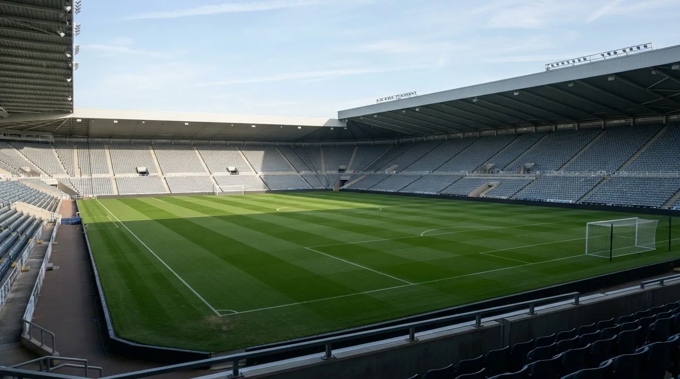 Ein leeres Fußballstadion bei Tageslicht von der Tribüne aus gesehen, der Rasen zeigt gleichmäßige Mähstreifen.