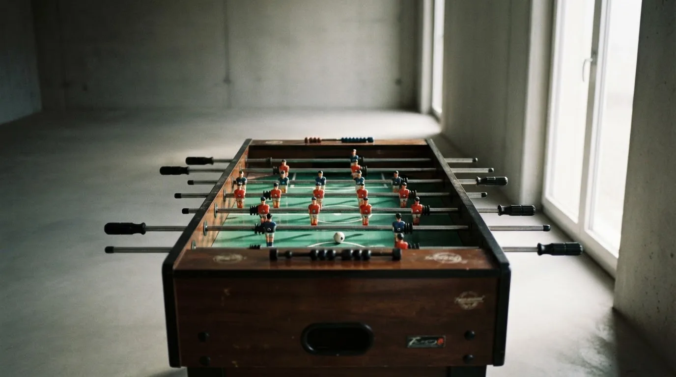Ein Tischkicker in einem leeren Raum, die Spielfiguren in Reihe, Tageslicht fällt durch ein großes Fenster.