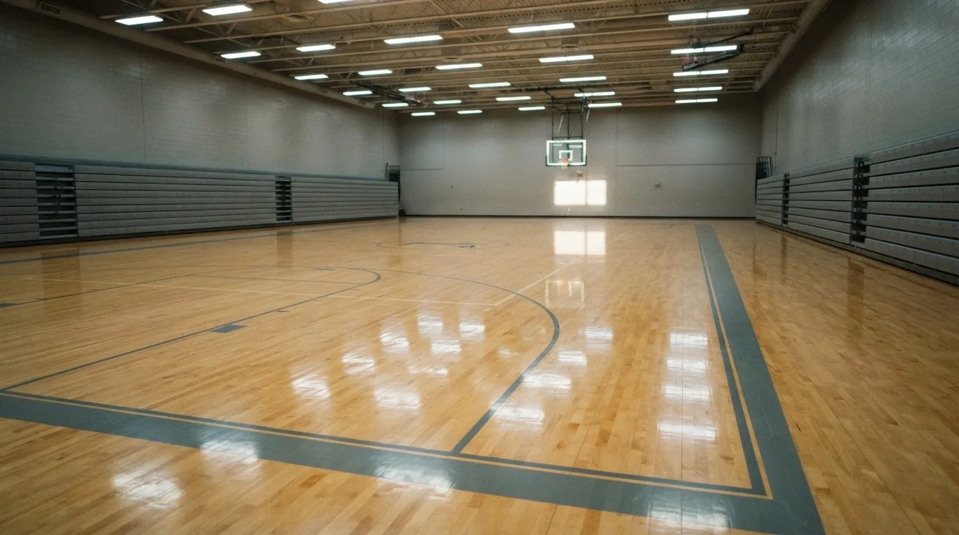 Ein Basketballfeld in einer leeren Halle, das Parkett spiegelt das Licht der Deckenlampen.
