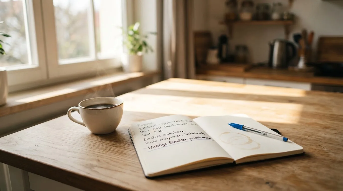Eine Tasse Kaffee, ein Kugelschreiber und ein aufgeschlagenes leeres Notizbuch auf einem Küchentisch am Fenster.