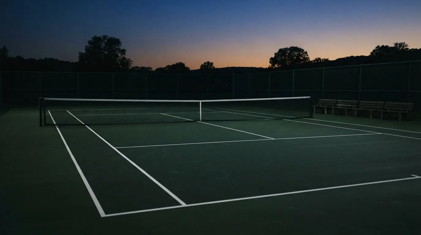 Ein Tennisplatz in der Dämmerung, Netz und Linien im Zwielicht, ohne Menschen und mit ruhigem Himmel.