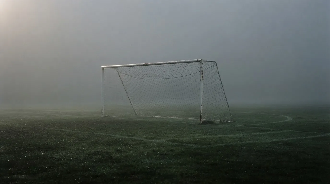 Ein Fußballtor mit Netz im Morgennebel auf einem leeren Platz, die Linien nur schwach zu erkennen.