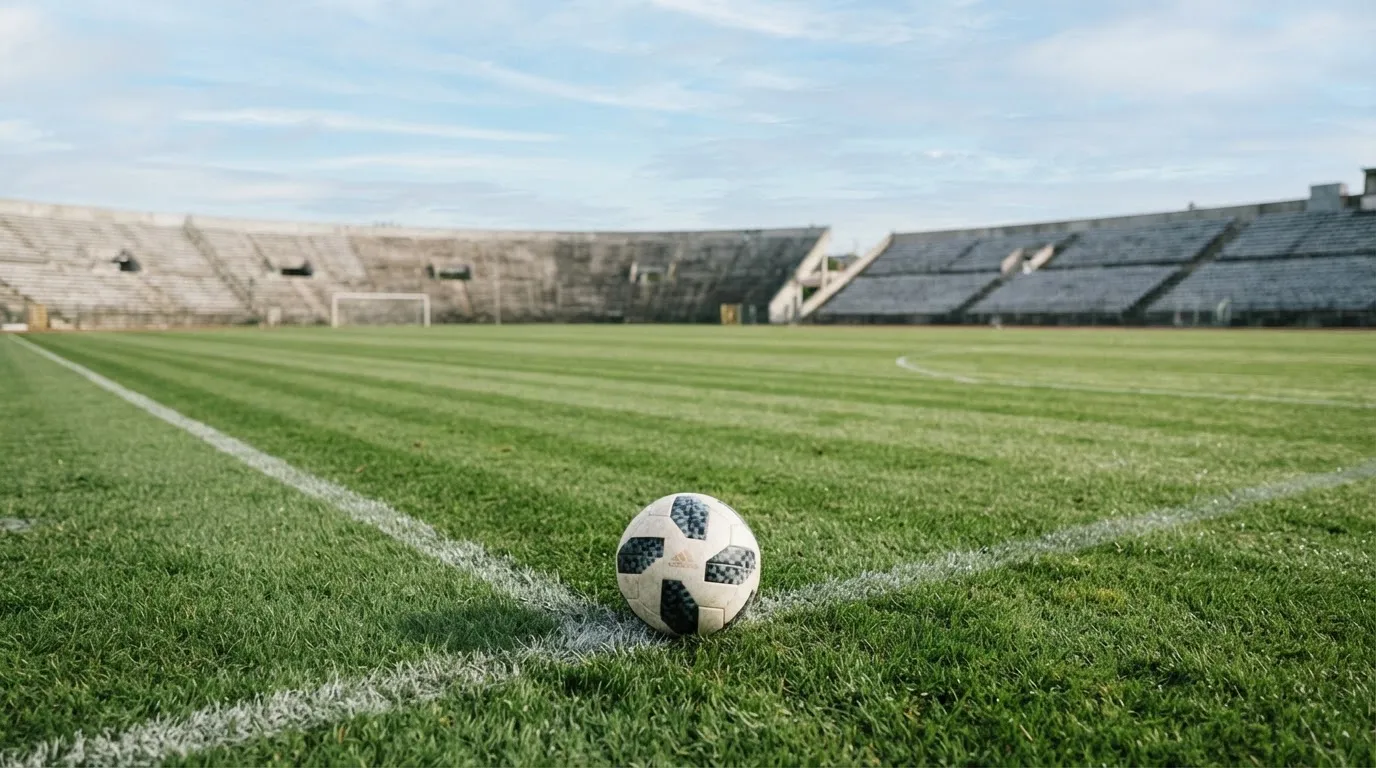 Ein Fußball liegt am Spielfeldrand eines Rasenplatzes, im Hintergrund eine leere Tribüne unter hellem Himmel.
