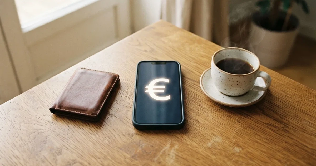 Ein Smartphone mit dunklem Bildschirm liegt auf einem Holztisch neben einem Portemonnaie und einer Kaffeetasse im Fensterlicht.