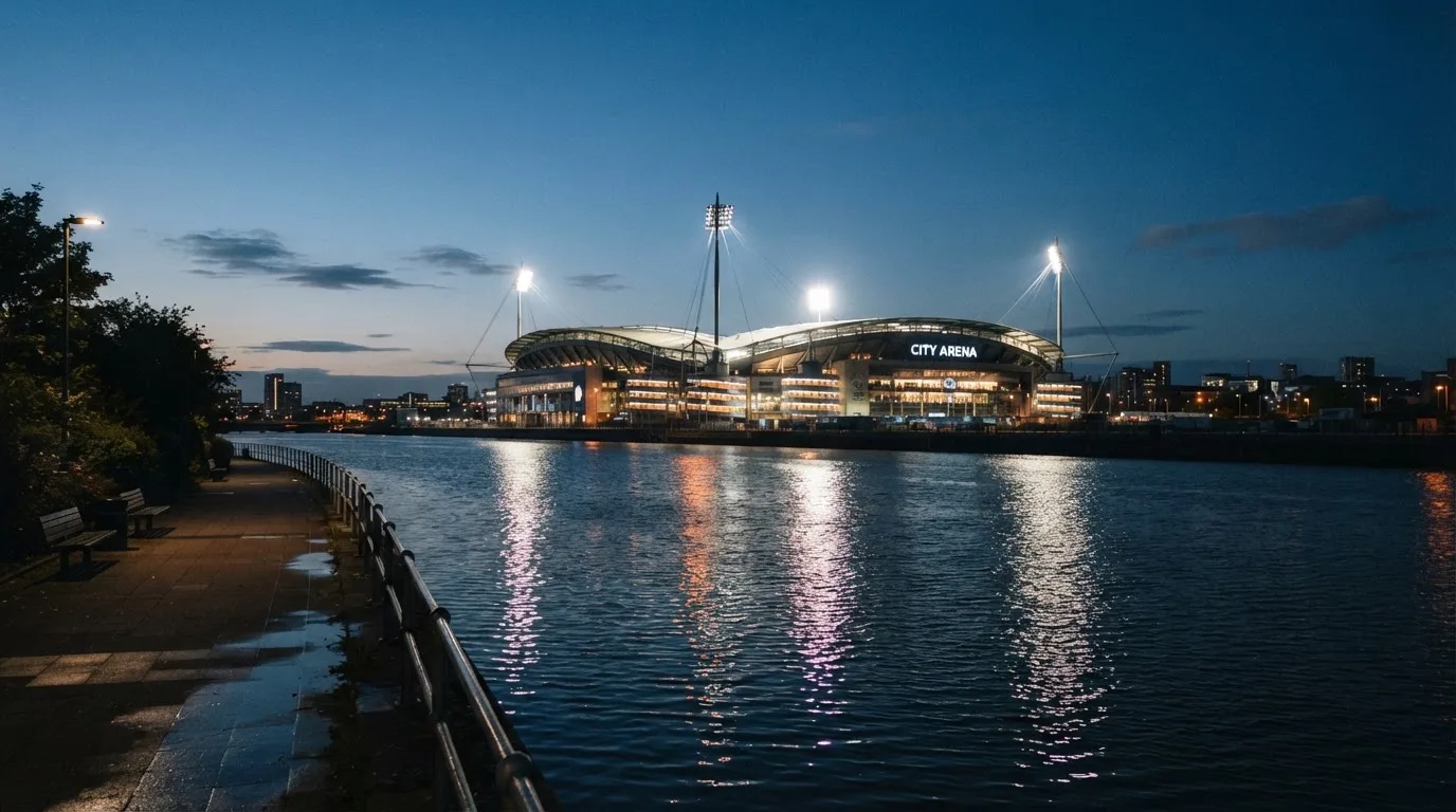 Ein Stadion unter Flutlicht aus der Ferne gesehen, im Vordergrund ein ruhiger Fluss und ein Fußweg.
