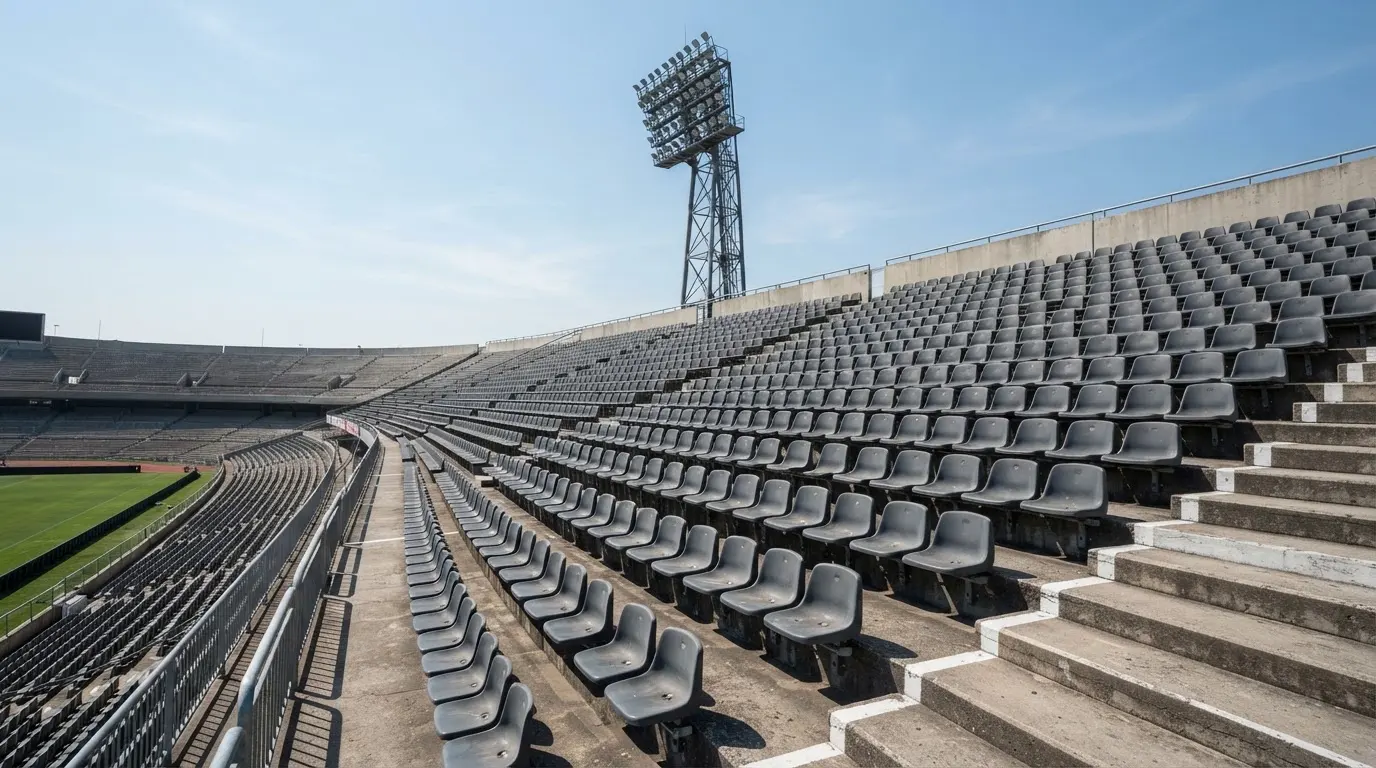 Eine leere Tribüne eines Fußballstadions bei Tageslicht, Sitzschalen in Reihen und dahinter ein Flutlichtmast.