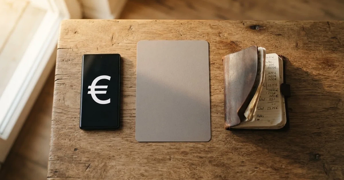 Eine Plastikkarte ohne Aufdruck liegt auf einem Holztisch neben einem Smartphone mit dunklem Bildschirm und einem Notizbuch.