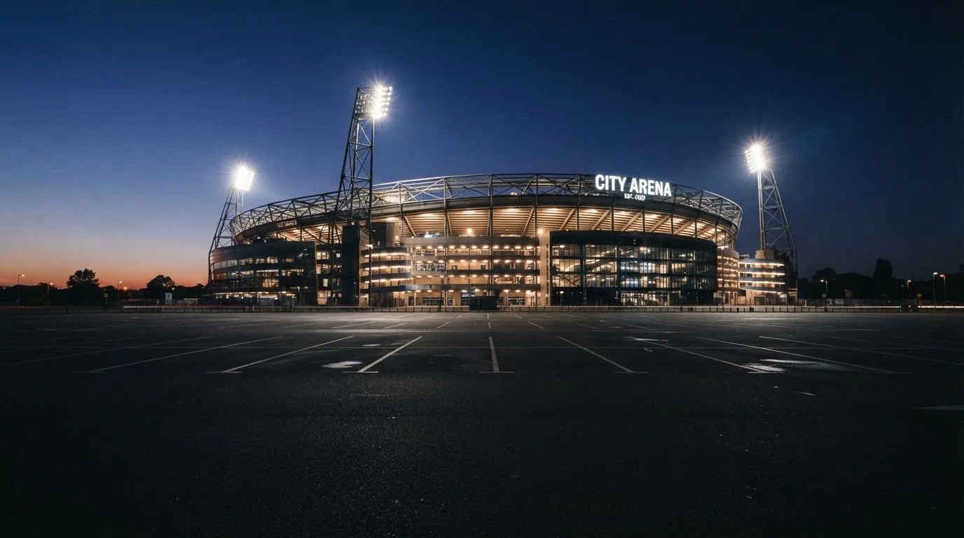 Ein Stadion unter Flutlicht aus der Ferne gesehen, davor ein leerer Parkplatz in der Dämmerung.