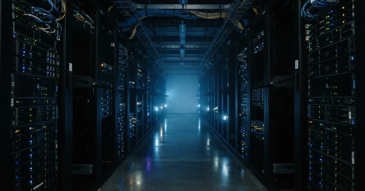 Ein Serverraum mit Reihen schwarzer Schränke und blinkenden Lichtern in kühlem Licht, ohne Menschen.