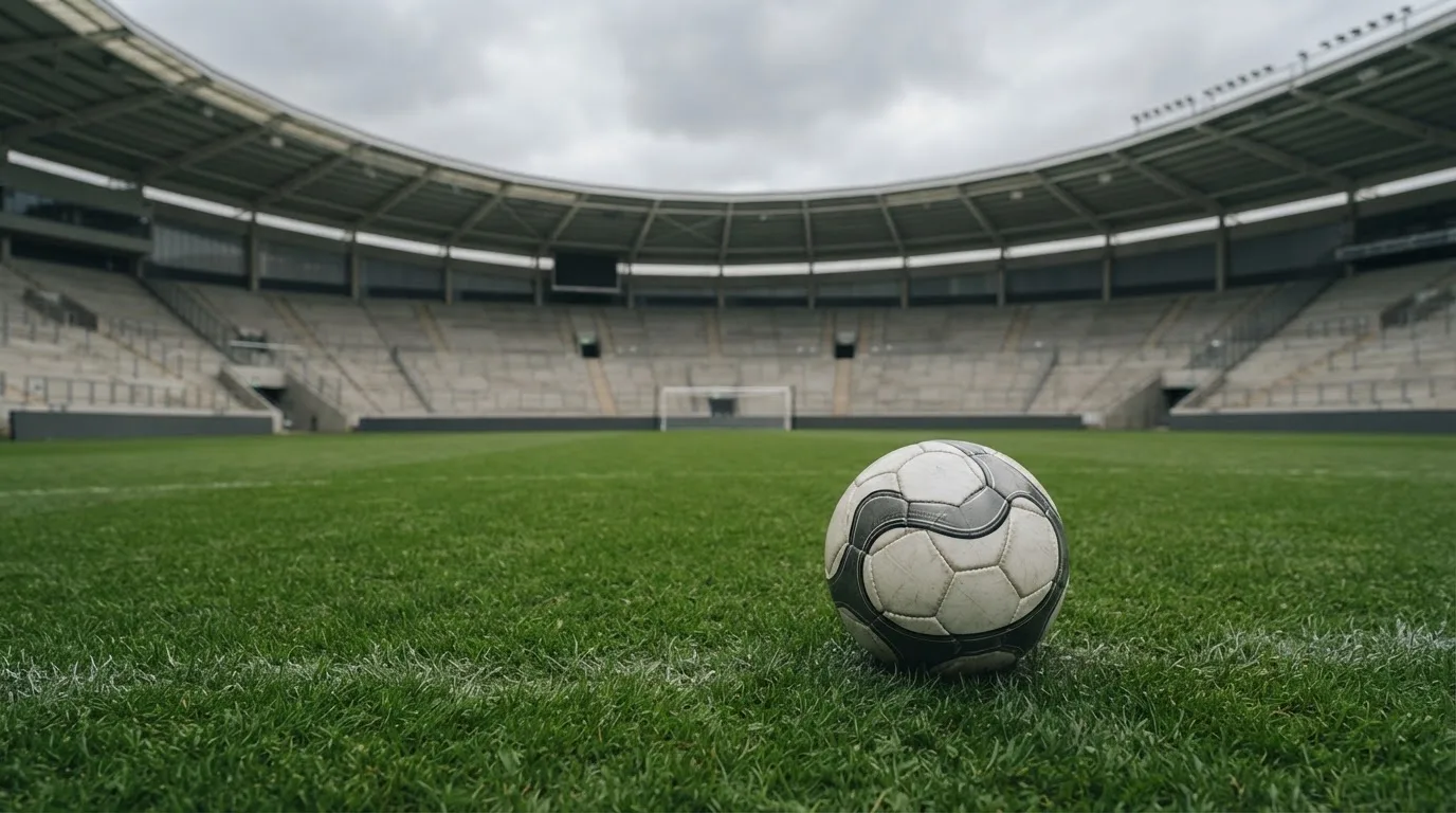 Ein Fußball auf einem Rasen, im Hintergrund ein leeres Stadion bei bewölktem Himmel.