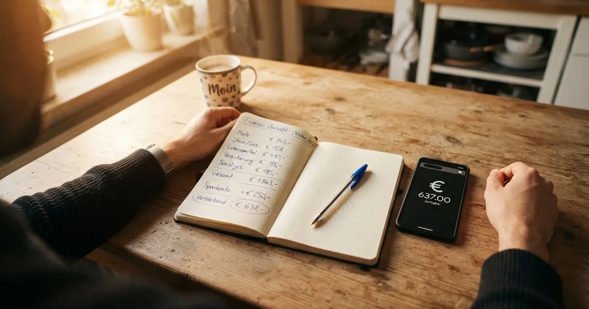 Ein Taschenrechner, ein Stift und ein Smartphone mit dunklem Bildschirm liegen auf einem Küchentisch im Morgenlicht.
