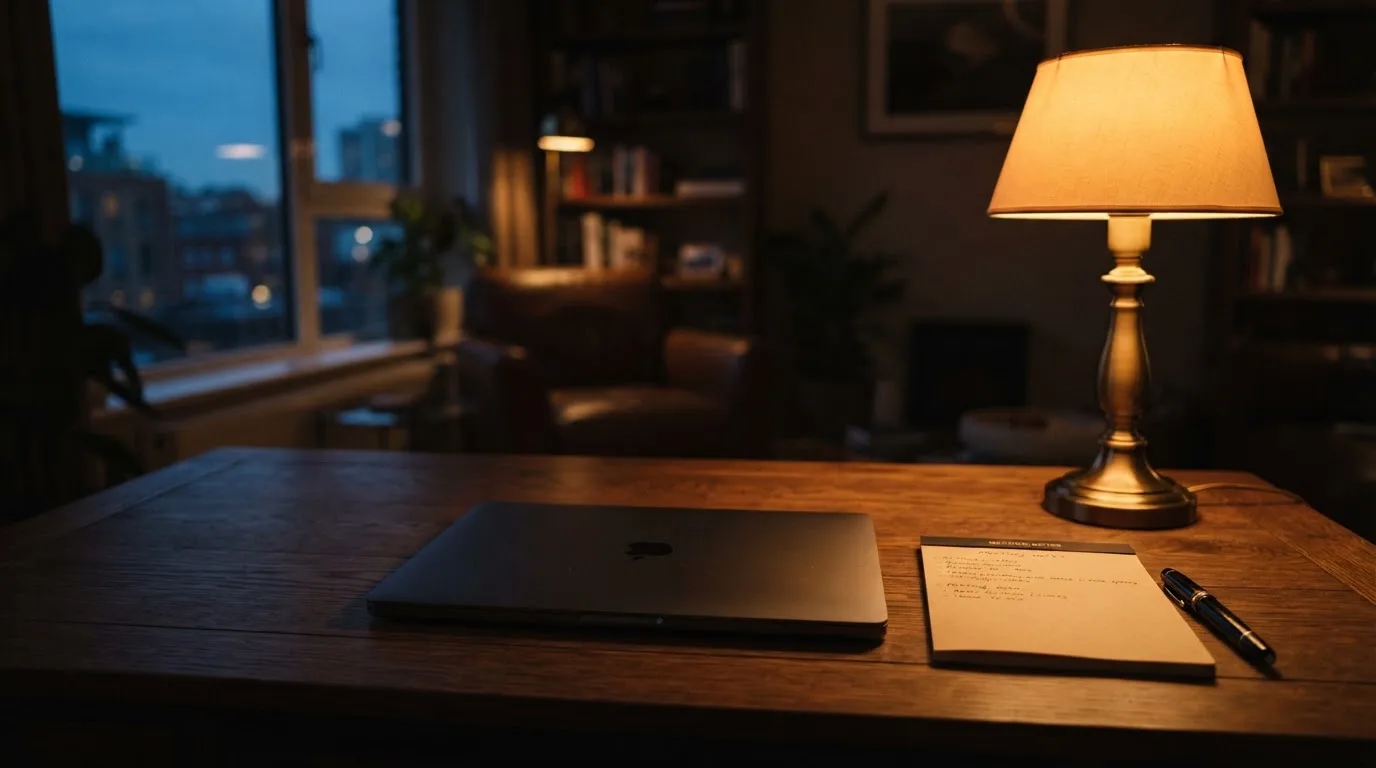 Ein Schreibtisch mit Lampe und geschlossenem Laptop in einem ruhigen Büro bei Abendlicht.