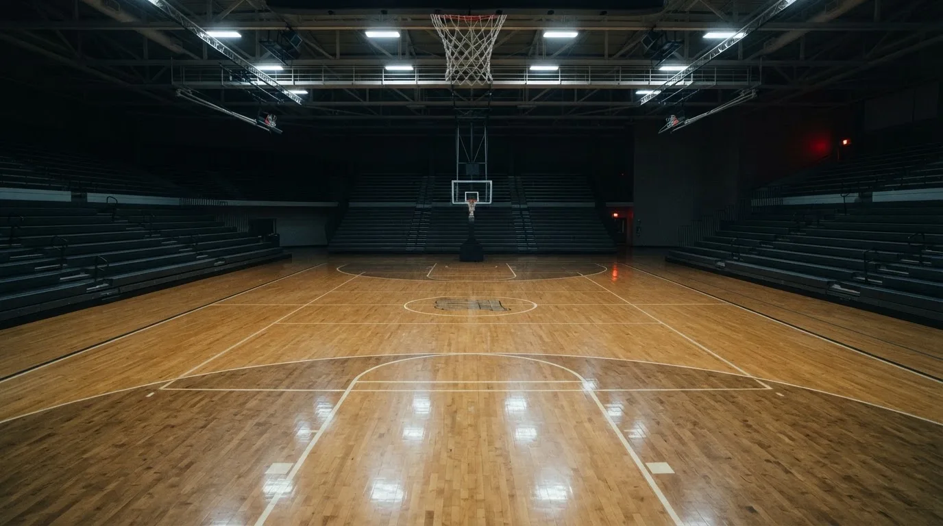 Ein Basketballfeld in einer leeren Halle, das Parkett spiegelt das Deckenlicht.
